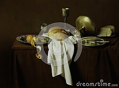 Still life, old style image of bread, cheese, olives, oranges on Stock Photo