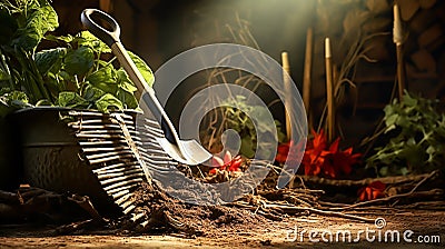 Still life of an old warehouse full of agricultural implements. AI generated Stock Photo