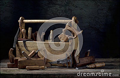 Still life - Old Wooden Tool Box Stock Photo