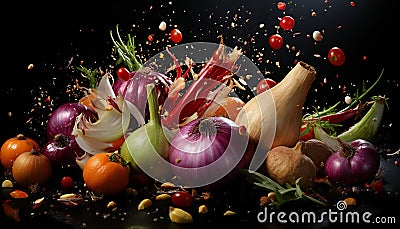 Still life of onions with black background Stock Photo