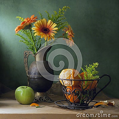 Still life with orange gerbera daisy flowers Stock Photo