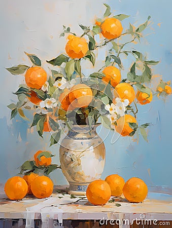 Still life in orange tones. Oil painting in impressionism style. Vertical composition Stock Photo