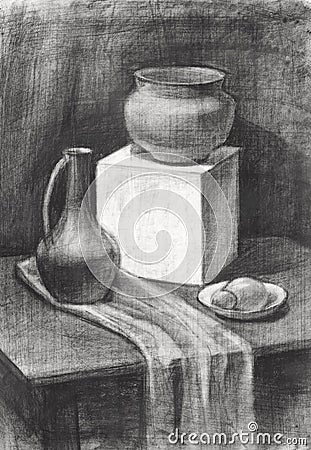 a still-life painted in charcoal, an image with a clay pitcher and a plaster cube Stock Photo