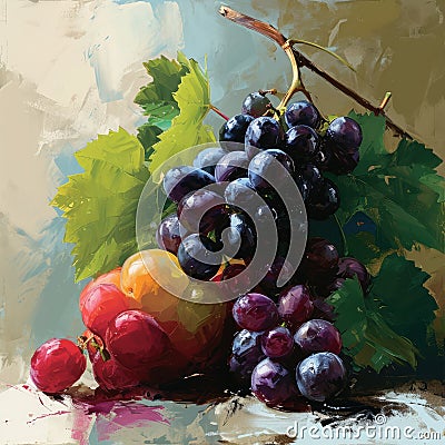 Still life painting of colorful grapes using strong brush strokes Cartoon Illustration