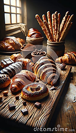 assortment of glazed pastries, chocolate croissants, and artisan breadsticks on an aged wooden table in a bakery. Generative AI Stock Photo