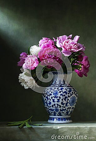 Still life with peonies in a chinese vase Stock Photo