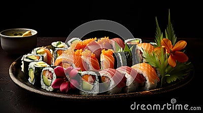 A still life photo of a beautiful and colorful plate of sushi with an artistic presentation created with Generative AI Stock Photo