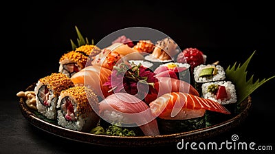 A still life photo of a beautiful and colorful plate of sushi with an artistic presentation created with Generative AI Stock Photo