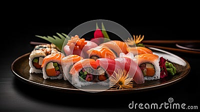 A still life photo of a beautiful and colorful plate of sushi with an artistic presentation created with Generative AI Stock Photo