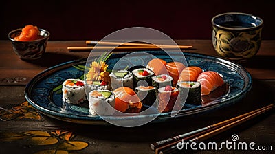 A still life photo of a beautiful and colorful plate of sushi with an artistic presentation created with Generative AI Stock Photo