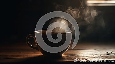 A still life photo of a cup of coffee with steam rising from the top creating a cozy atmosphere created with Generative AI Stock Photo