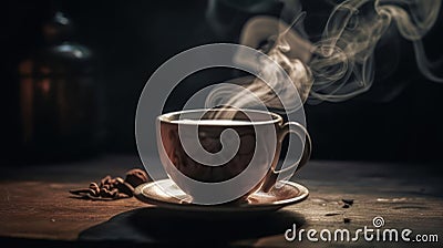 A still life photo of a cup of coffee with steam rising from the top creating a cozy atmosphere created with Generative AI Stock Photo