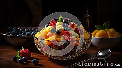 A still life photo of a delicious and colorful fruit salad with a beautiful presentation created with Generative AI Stock Photo