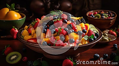 A still life photo of a delicious and colorful fruit salad with a beautiful presentation created with Generative AI Stock Photo