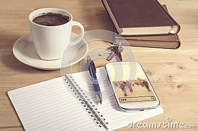 Still life photo of smart phone with travel search. Stock Photo