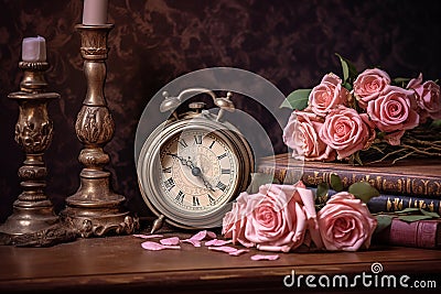 Still life with pink roses and antique old clock, flowers on vintage books and wooden table, old candles Stock Photo