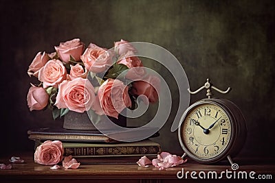 Still life with pink roses, antique old clock, flowers, vintage books on old wooden table Stock Photo