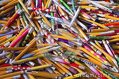 Still Life of a Random Array of Well-Used Brightly Colored Writing Pencils Stock Photo