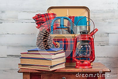 Retro picnic items and vintage books Stock Photo