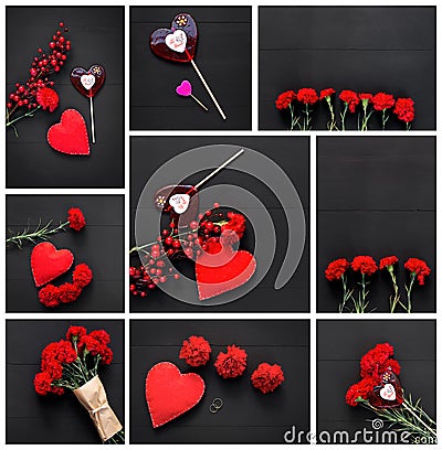 Still life of red heart, carnations and stick candy Stock Photo