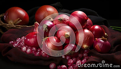 Still life of red onions over a cloth. Illustration AI Stock Photo