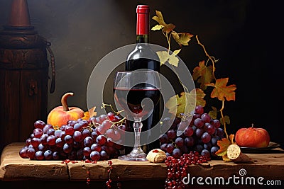 Still life with red wine, grapes and pumpkins on wooden table, Bottle with red wine and glass and grapes, AI Generated Stock Photo