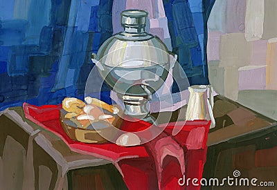 Still-life with samovar and bagels Cartoon Illustration