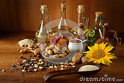 Still life seeds and oils useful for health Stock Photo