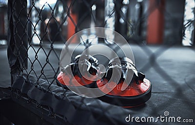 Lets get punching and sparring. Still life shot of a pair of boxing mitts in a gym. Stock Photo