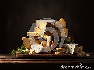 Still life showing a variety of Swiss cheeses, both whole and sliced, artfully stacked against a rustic dark wooden Stock Photo
