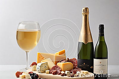 still life, with a sleek and elegant display of various cheeses, charcuterie, and a bottle of sparkling champagne Stock Photo