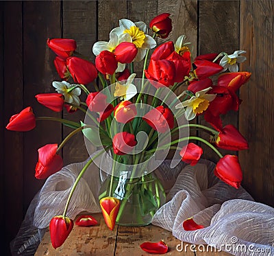 Still life with spring flowers: tulips and narcissuses. Stock Photo