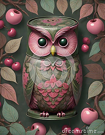 Still Life of Tin Jar with Owl Design, Rustic Charm, Generative AI Stock Photo