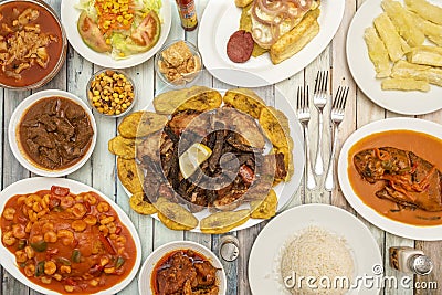 Still life of typical dishes from the Dominican Republic, mofongo with prawns Stock Photo