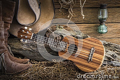 Still life with ukulele on cowboy hat and traditional leather bo Stock Photo