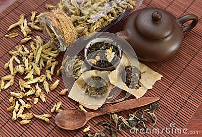 Still life with various sorts of chinese tea and dishware Stock Photo