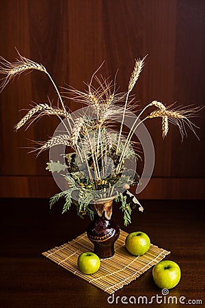 Still life vase and apples Stock Photo