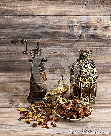 Still life with vintage oriental latern and mill. Stock Photo