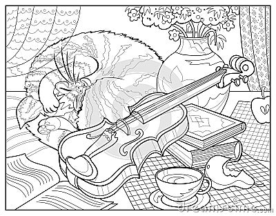 Still life with violin and sleeping cat. Coloring book for children and adults. Image in zen-tangle style. Printable page for Vector Illustration