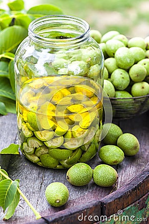 still life of walnut liqueur Stock Photo