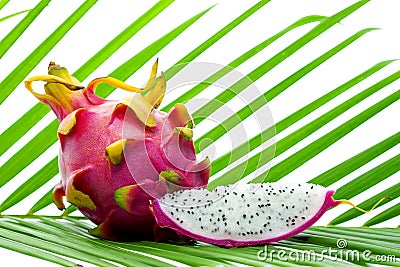 Still life of whole and sliced pitahaya on a green palm leaf Stock Photo