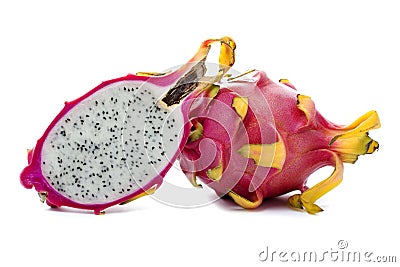 Still life of whole and sliced pitahaya on white backgr Stock Photo