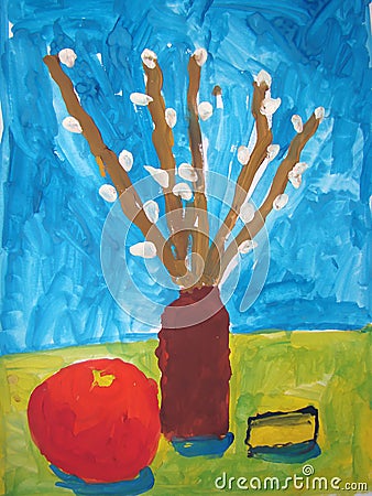 Still life with willow branches - painted by child Stock Photo
