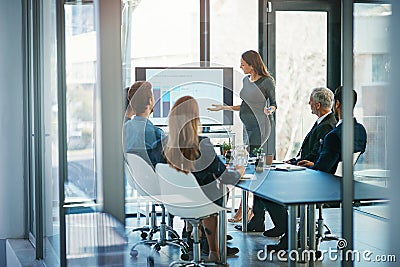 Still present and accounted for. High angle shot of a pregnant businesswoman giving a presentation in the boardroom. Stock Photo