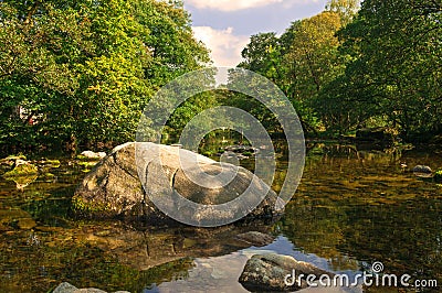 Still Rocky Tree Shaded River with Reflections Stock Photo