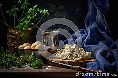 Stillife of asta and mushrooms dish in a copyspace rustic background. Generative AI Stock Photo