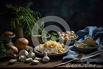 Stillife of asta and mushrooms dish in a copyspace rustic background. Generative AI Stock Photo