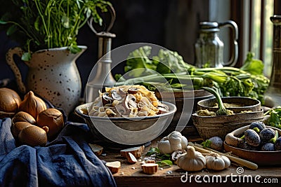 Stillife of asta and mushrooms dish in a copyspace rustic background. Generative AI Stock Photo