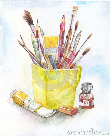 Stilllife with art materials in watercolor. yellow mug, brush, p Stock Photo