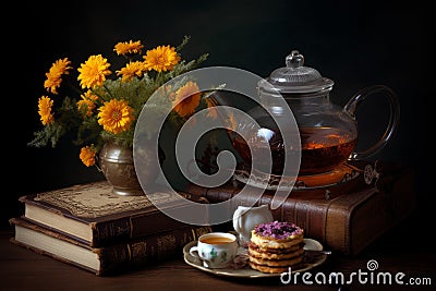 Stilllife flower tea cookies. Generate Ai Stock Photo